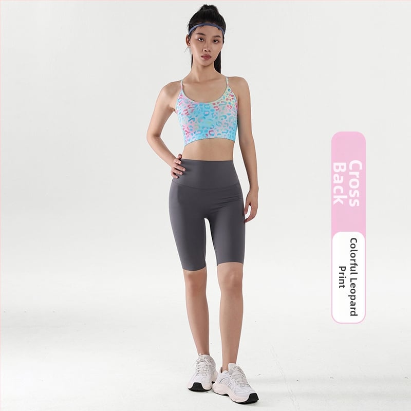 Varrás nélküli leopard mintás sport-top – hát nélküli, levehető dupla vállpántok, levehető párnák