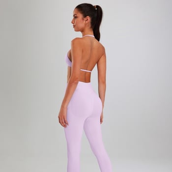 Йога комплект: халтерно горнище с открит гръб, висока талия, безшевни панталони от найлон/спандекс и подплатен спортен сутиен