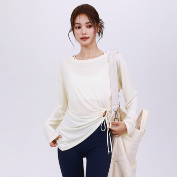 Naistele mõeldud jooga komplekt avatud õlgadega, pikad varrukad – ühtne toon, niiskust tõrjuv polüester koos elastaani voodriga (Cx-880), kogu aasta