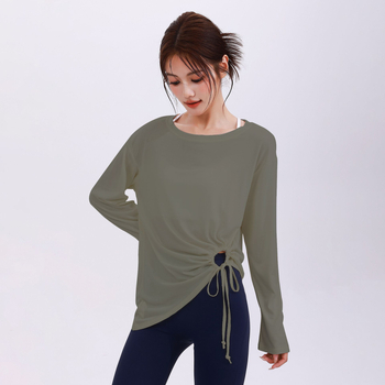 Naistele mõeldud jooga komplekt avatud õlgadega, pikad varrukad – ühtne toon, niiskust tõrjuv polüester koos elastaani voodriga (Cx-880), kogu aasta