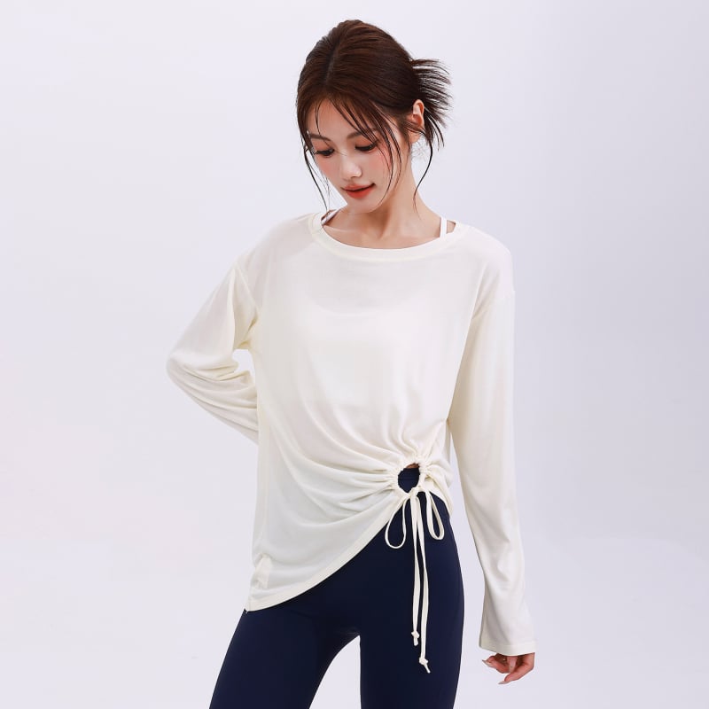 Naistele mõeldud jooga komplekt avatud õlgadega, pikad varrukad – ühtne toon, niiskust tõrjuv polüester koos elastaani voodriga (Cx-880), kogu aasta