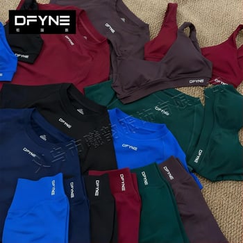 DFYNE kolmeosaline fitness komplekt: lühikeste varrukatega ülaosa ja lühikesed püksid, nailon-spandex kangas, kulumiskindel, kõhu pikkus, ümmargune kaelus