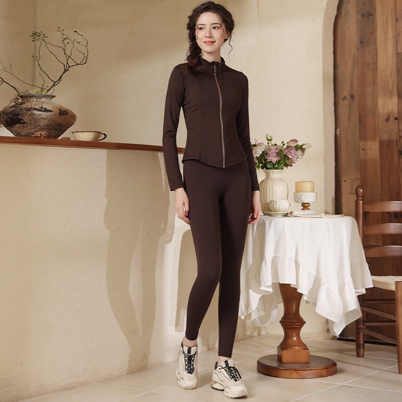 Női sportos szett jóga- és kerékpározáshoz, álló gallérral, karcsú szabás, gyorsan száradó anyag, cipzáros felső