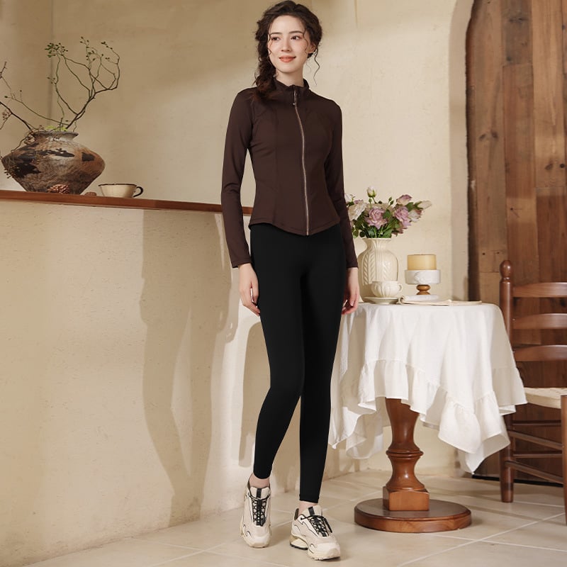 Női sportos szett jóga- és kerékpározáshoz, álló gallérral, karcsú szabás, gyorsan száradó anyag, cipzáros felső