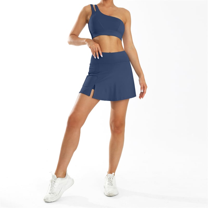 Két részes jóga szett, egy vállú melltartó, ujjatlan, gyorsan száradó anyag Nylon-Spandex 75/25, párnázott melltartó, rövidnadrág, futásra és edzésre