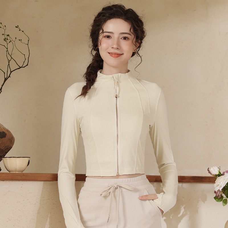 Női karcsú sportdzseki jóga- és edzéshez | hosszú ujjú, derékig érő szabás, kardigán stílus, 75% nylon + 25% spandex, nedvességelvezető, 2025 tél