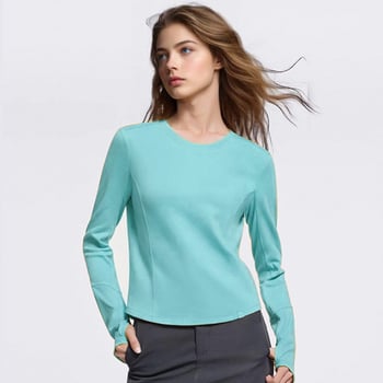 Naistele pikkade varrukatega sportlik topp rinnalappidega Pilates, jooga ja jooksmiseks — peamine kangas Nylon-Spandex koos Lycra voodriga (81% Nylon, 19% Spandex), talvise 2024 hooaeg