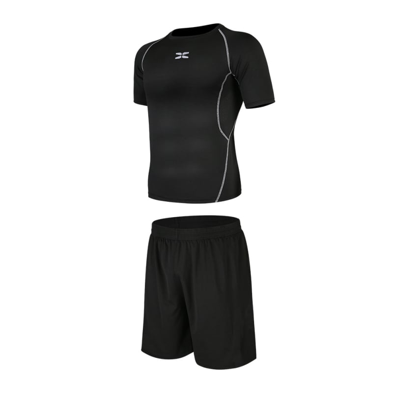 Meeste fitnessi- ja joogakomplekt — polüesterkangas Milk Silk voodriga; 94,5% polüester; sobib suveks, kevadeks ja sügises; sobib jooksu, jalgrattasõidu ja jõusaali treeninguteks.