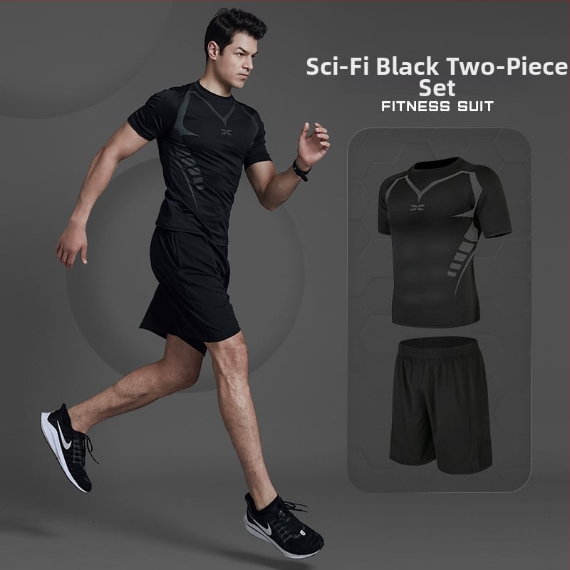 Meeste fitnessi- ja joogakomplekt — polüesterkangas Milk Silk voodriga; 94,5% polüester; sobib suveks, kevadeks ja sügises; sobib jooksu, jalgrattasõidu ja jõusaali treeninguteks.