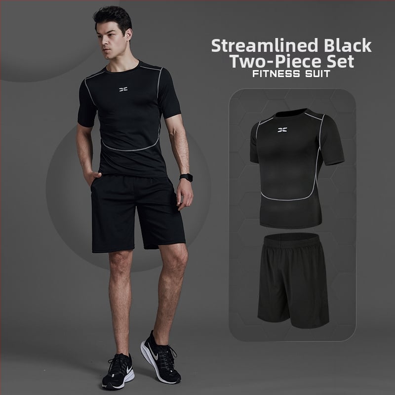 Meeste fitnessi- ja joogakomplekt — polüesterkangas Milk Silk voodriga; 94,5% polüester; sobib suveks, kevadeks ja sügises; sobib jooksu, jalgrattasõidu ja jõusaali treeninguteks.