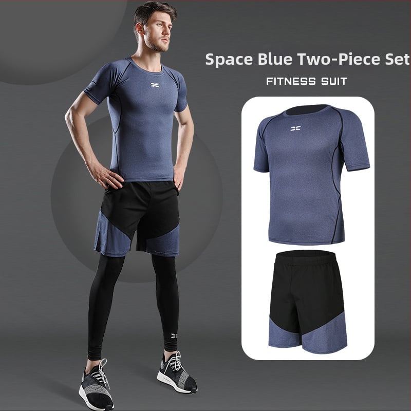 Meeste fitnessi- ja joogakomplekt — polüesterkangas Milk Silk voodriga; 94,5% polüester; sobib suveks, kevadeks ja sügises; sobib jooksu, jalgrattasõidu ja jõusaali treeninguteks.