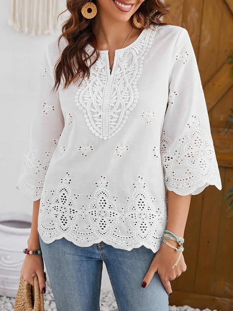 Nyári új női ing háromnegyedes ujjal, nagy méretekben, V-nyakkal és hímzéssel, 2025