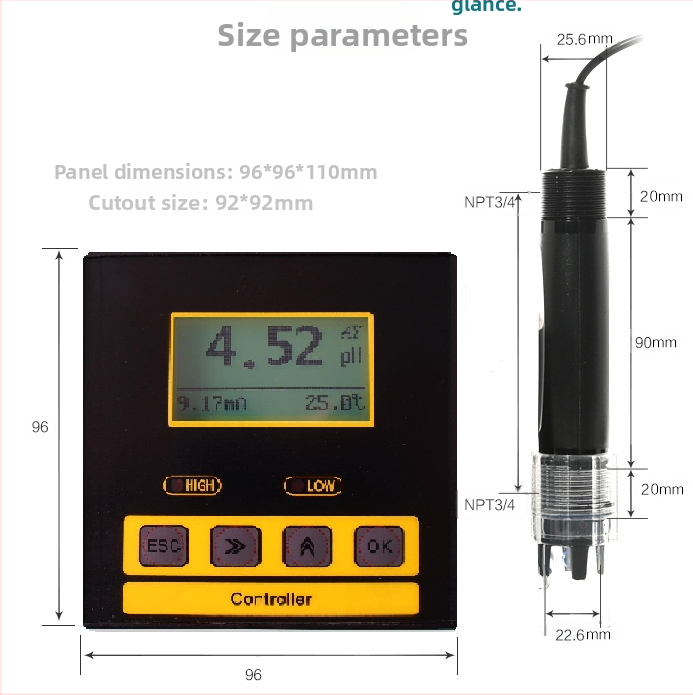Priemyselný pH meter s LCD podsvietením; rozsah merania 0–14 pH; presnosť 0,1 pH; teplotná kompenzácia 0–100 °C; napájanie 220 VAC alebo 24 VDC