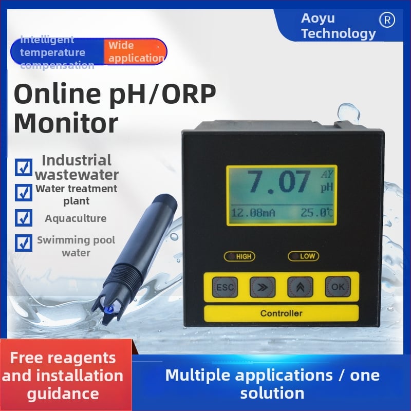Индустриален pH измервател с LCD подсветка; диапазон 0–14 pH; точност 0.1 pH; температурна компенсация 0–100 °C; захранване 220 VAC или 24 VDC