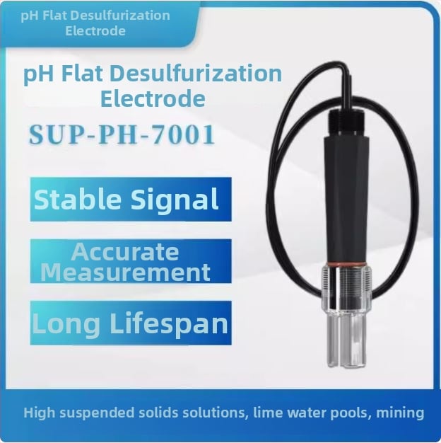 Supmea SUP-PH-7001 плосък pH електрод за индустриално онлайн измерване, модел SUP-PH-7001, обхват 0-14 pH, точност ±0.02 pH, температурна компенсация 0–80 °C
