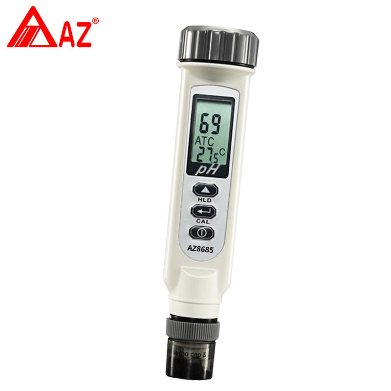 AZ8685 prijenosni pH meter s digitalnim zaslonom; All-in-One sonda; raspon mjerenja 0-14; točnost ±0,2; temperaturna kompenzacija 0-50°C.