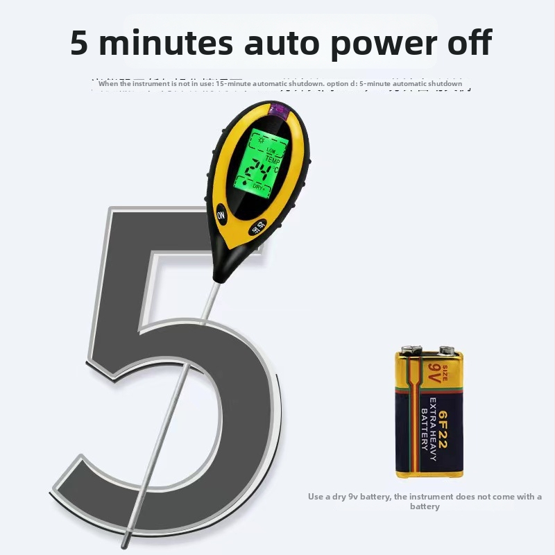 4-in-1 talajdetektor: pH, fény, hőmérséklet és páratartalom mérései – 0,1 pontosság; 9V elemhez kompatibil