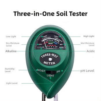 TR03 Troj-in-1 pôdny detektor – pH meter a tester živín pre záhradu, presnosť 0,1, hmotnosť 90 g