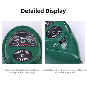 TR03 Troj-in-1 pôdny detektor – pH meter a tester živín pre záhradu, presnosť 0,1, hmotnosť 90 g