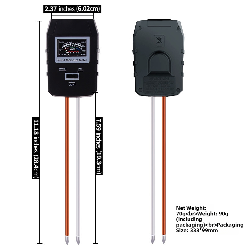 3 v 1 tester pôdy s veľkým displejom: pH, vlhkosť a jas svetla (typ ukazovátky, presnosť 0,1)
