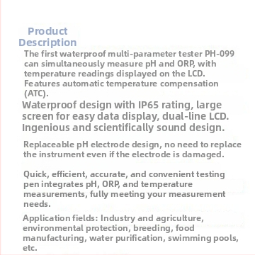 Pero-štýlový vodotesný tester pH/ORP a teploty 3-v-1 Ph-099 s LCD displejom, kompozitná elektróda, rozsah pH 0.00–14.00, ORP -1999 až 1999 mV, teplotný rozsah 0–50°C
