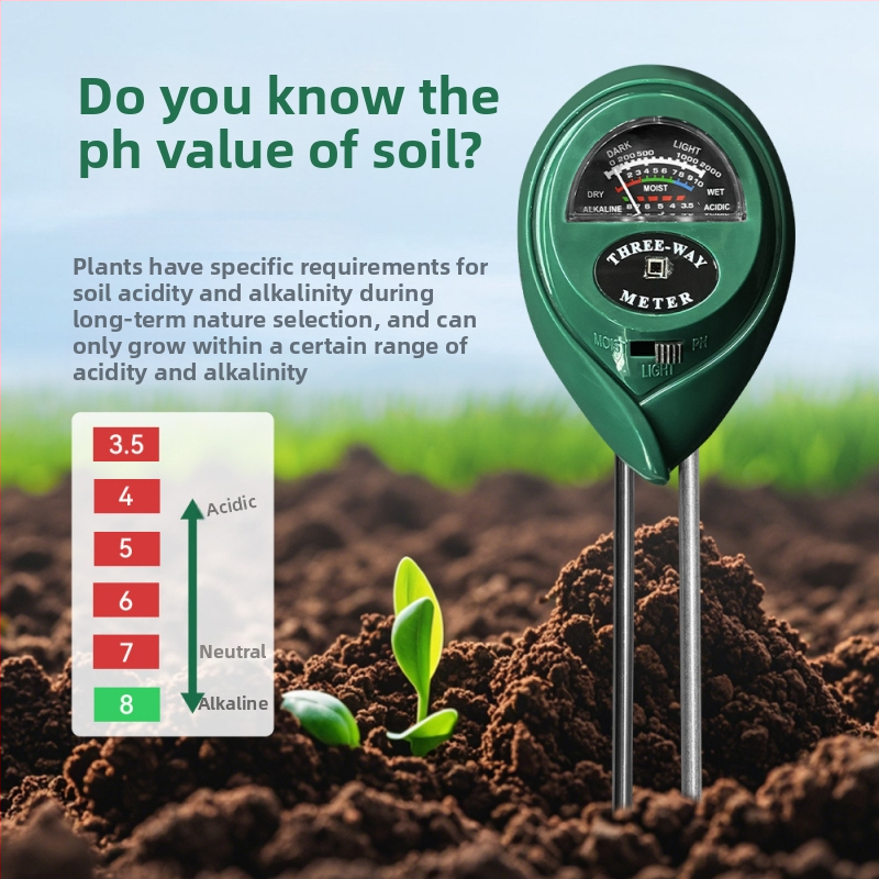 3-in-1 talajdetektor ST-10: talajnedvesség- és pH-mérő kertekhez és növényekhez, precizitás 0,1, súly 90 g