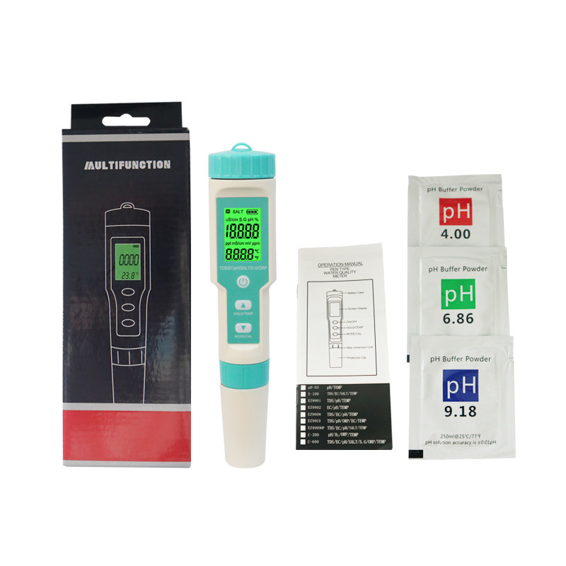 7-σε-1 Πολυπαραμετρικός αναλυτής ποιότητας νερού: TDS/EC, αλατότητα, SG, ORP, θερμοκρασία και pH; εύρος μέτρησης 0-10000 μS/cm, pH 0-14, αλατότητα 10.1-200.0 ppt; ακρίβεια pH 0.05, αλατότητα ±1%, TDS/EC ±2%