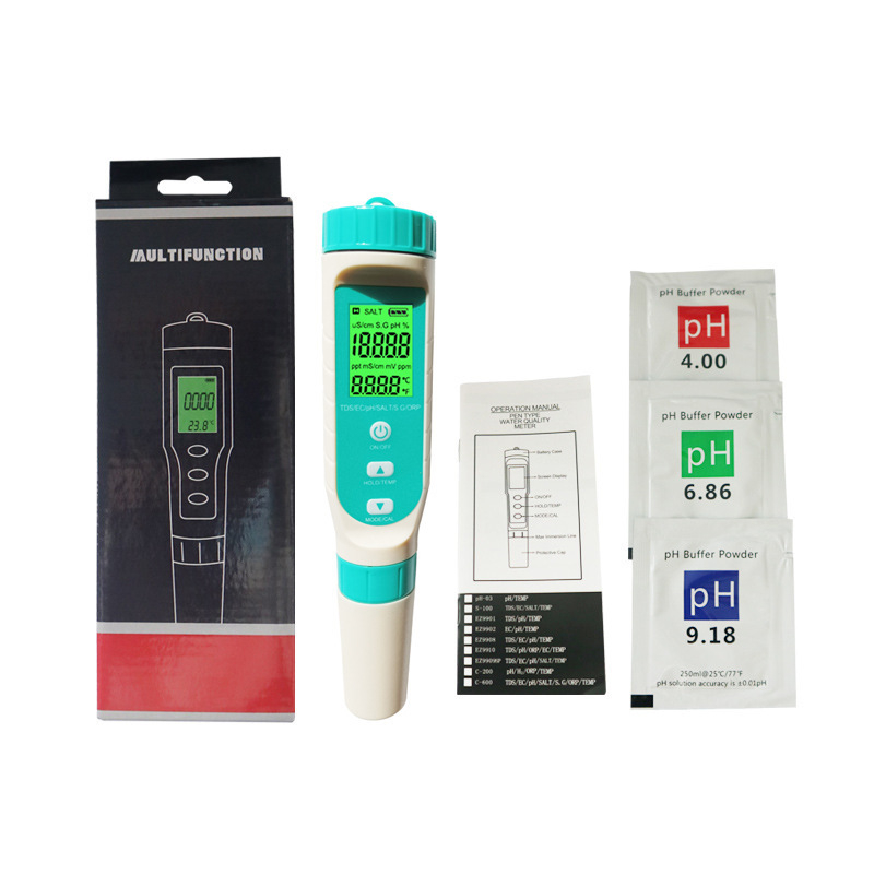 7-σε-1 Πολυπαραμετρικός αναλυτής ποιότητας νερού: TDS/EC, αλατότητα, SG, ORP, θερμοκρασία και pH; εύρος μέτρησης 0-10000 μS/cm, pH 0-14, αλατότητα 10.1-200.0 ppt; ακρίβεια pH 0.05, αλατότητα ±1%, TDS/EC ±2%