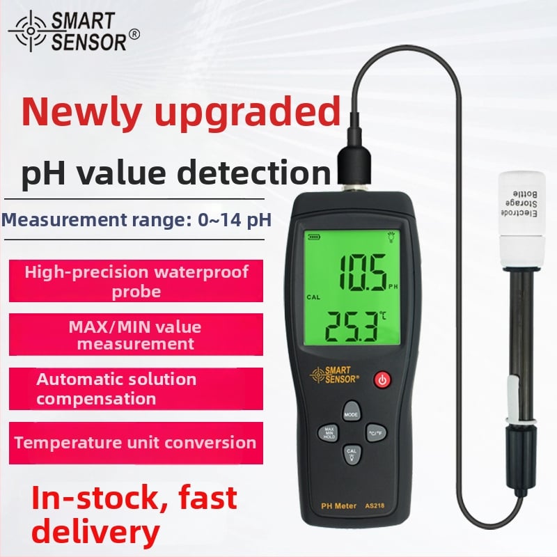 Xima AS218 преносим pH метр за водата в аквариума - разделена сонда, LCD дисплей, обхват 0-14 pH, точност ±0.05, температурна компенсация 0-60°C