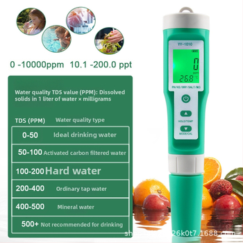 YY-1010 Vízminőség-Analizáló – 10 az 1-ben pH, keménység és sótartalom hidroponiához; pH-tartomány 0.00–14.00, pontosság ±0.05 pH, tápegység 1.5V×3
