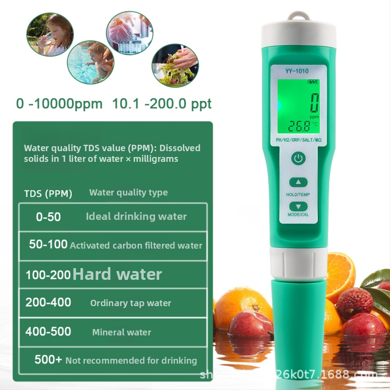 YY-1010 Vízminőség-Analizáló – 10 az 1-ben pH, keménység és sótartalom hidroponiához; pH-tartomány 0.00–14.00, pontosság ±0.05 pH, tápegység 1.5V×3