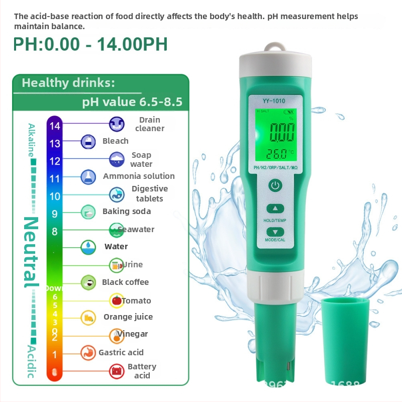 YY-1010 Vízminőség-Analizáló – 10 az 1-ben pH, keménység és sótartalom hidroponiához; pH-tartomány 0.00–14.00, pontosság ±0.05 pH, tápegység 1.5V×3