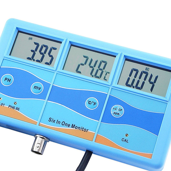 6-in-1 višenamjenski monitor kvalitete vode s digitalnim zaslonom i kombiniranom elektrodu: pH 0.00–14.00, pH ±0.1, temperatura ±1.0°C, EC/CF/TDS ±2% F.S., kompenzacija temperature 0–50°C