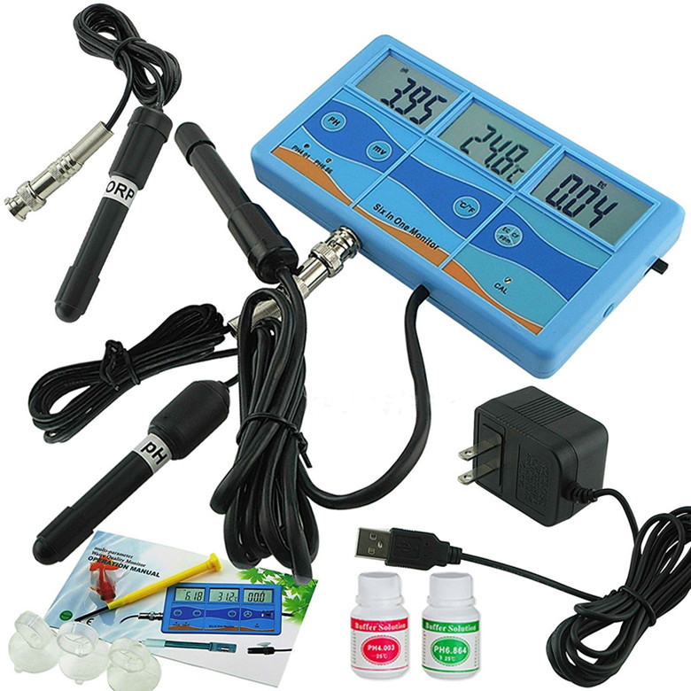 6-in-1 višenamjenski monitor kvalitete vode s digitalnim zaslonom i kombiniranom elektrodu: pH 0.00–14.00, pH ±0.1, temperatura ±1.0°C, EC/CF/TDS ±2% F.S., kompenzacija temperature 0–50°C