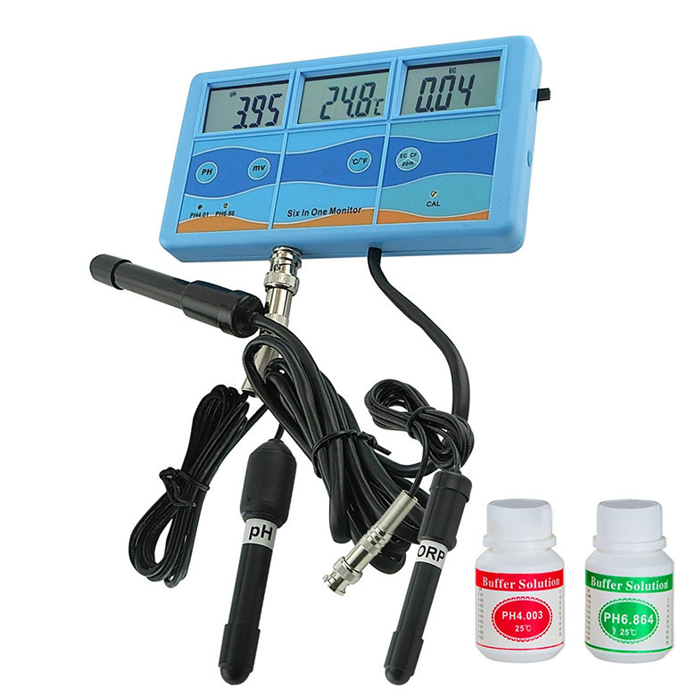 6-in-1 višenamjenski monitor kvalitete vode s digitalnim zaslonom i kombiniranom elektrodu: pH 0.00–14.00, pH ±0.1, temperatura ±1.0°C, EC/CF/TDS ±2% F.S., kompenzacija temperature 0–50°C