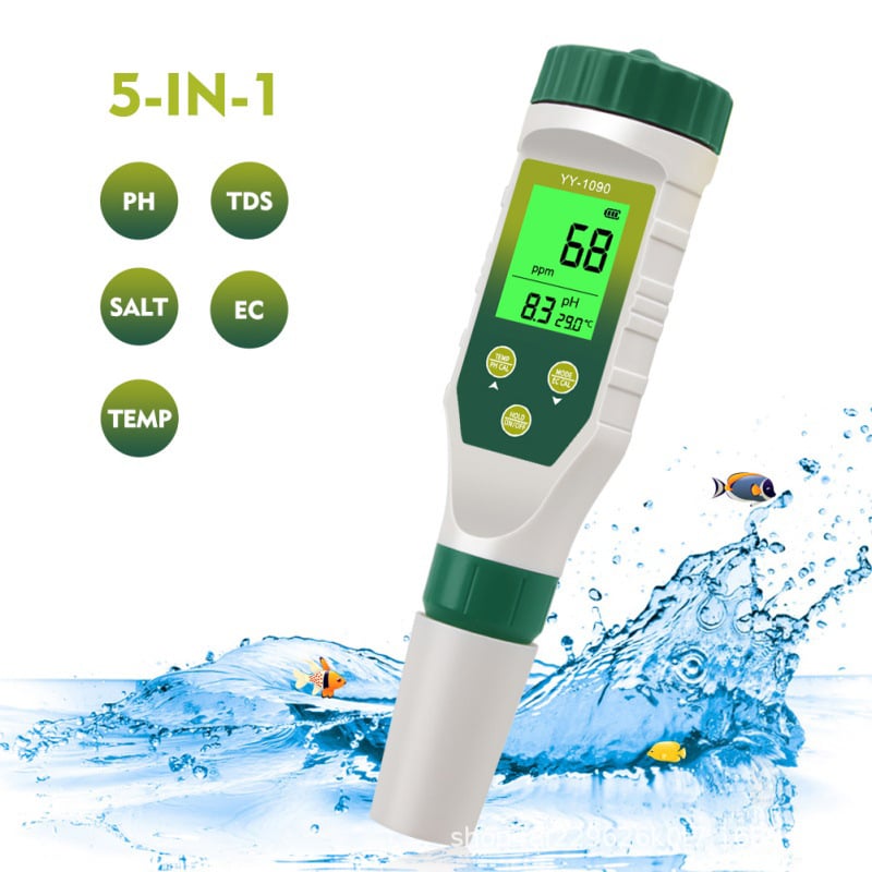 YY-1090 5-u-1 Detektor kvalitete vode s LCD zaslonom, pH 0.1-14.0, točnost 0.1 pH, zamjenjiva sonda, mjerenje slanosti/TDS/EC