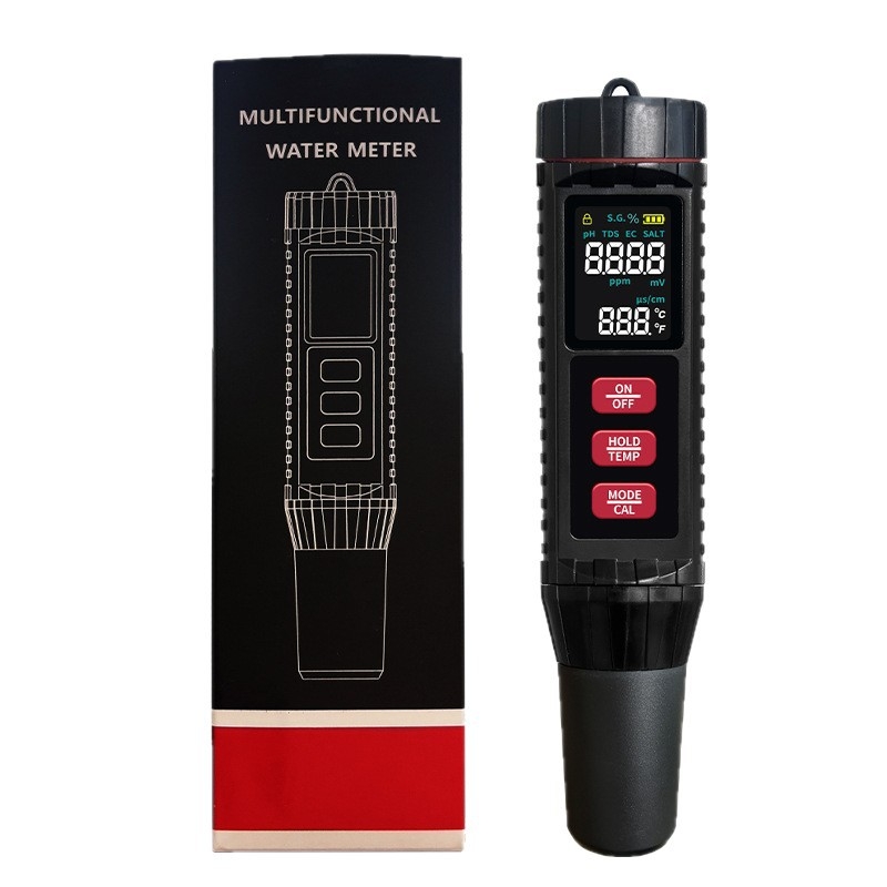 Hordozható vízminőség-elemző — méri a pH-t, EC/tds-t, sótartalmat és hőmérsékletet; ±2% FS pontosság; 3V tápegység