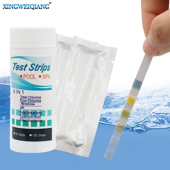Ленти за тест за басейн 6-в-1: остатъчен хлор, pH, алкалност, твърдост; 50 ленти