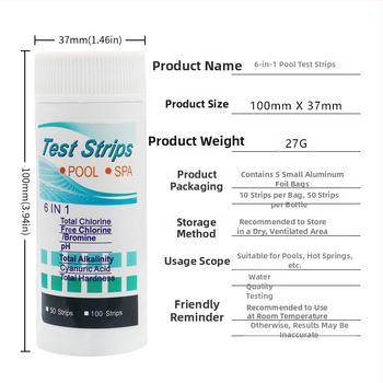 Ленти за тест за басейн 6-в-1: остатъчен хлор, pH, алкалност, твърдост; 50 ленти