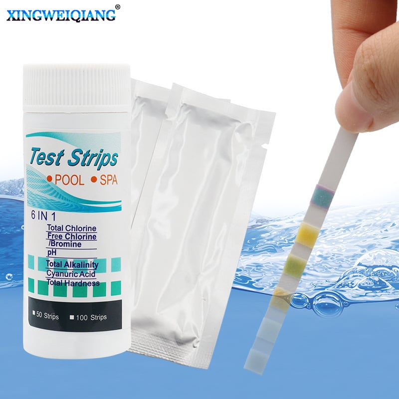 Ленти за тест за басейн 6-в-1: остатъчен хлор, pH, алкалност, твърдост; 50 ленти