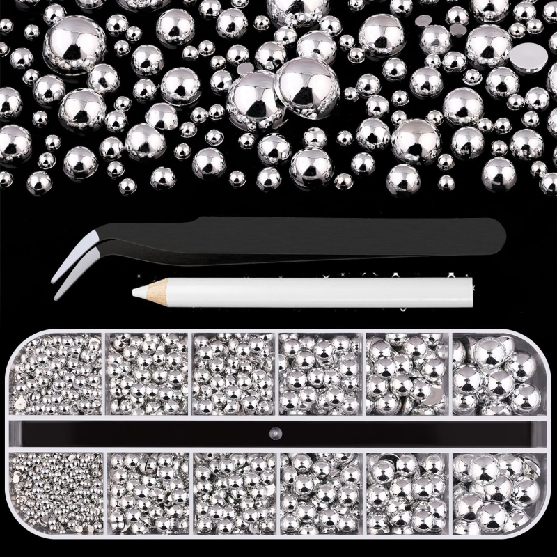 Nagų dekoravimo rinkinys su pusapvalėmis perlėmis, 12 skyrių, 3D dekoratyviniai elementai iš dervos, Princesės serija