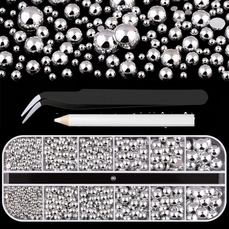 Nagų dekoravimo rinkinys su pusapvalėmis perlėmis, 12 skyrių, 3D dekoratyviniai elementai iš dervos, Princesės serija