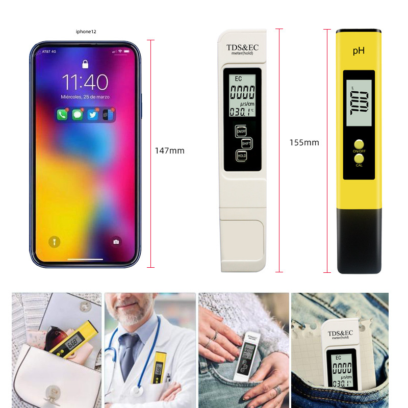 Prijenosni analizator kvalitete vode: mjerenje pH i EC/TDS, raspon 0-14 pH i 0-9990 ppm, točnost ±0.05 pH i ±2% ppm, rezolucija 0.01 pH / 1 ppm, napajanje 3V