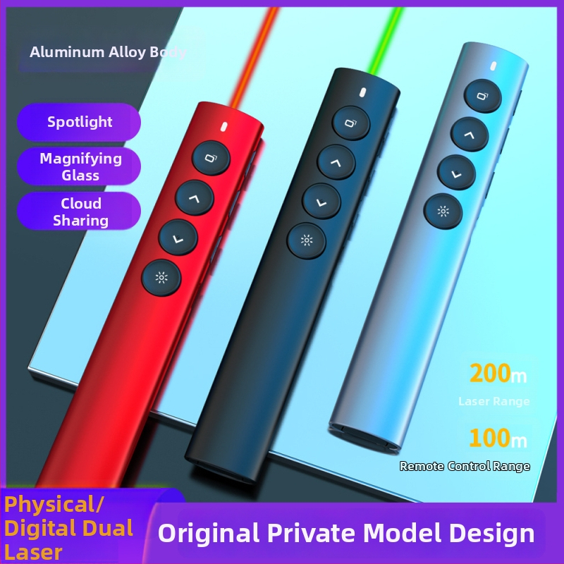 Dvojitý laserový bezdrôtový pero na bielu tabuľu – hliníková zliatina, Bluetooth/2.4G, 650 nm laser, výdrž batérie >20 h, model Ph600-dg-r