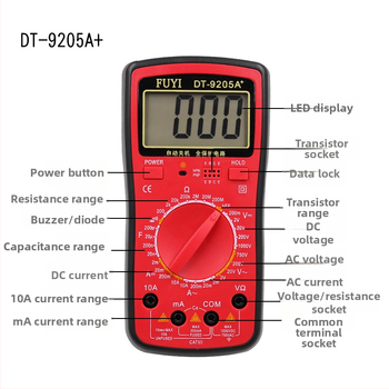 Ψηφιακό Πολύμετρο, Fuyi DT9205A+ Φορητό Επαγγελματικό Μέτρημα, DC 1000V / AC 750V / DC 10A / Χωρητικότητα 200µF–20nF / Έλεγχος Διόδων