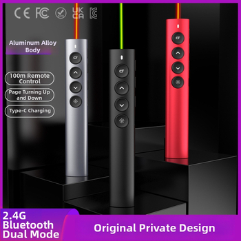 Hliníkový bezdrôtový ukazovateľ na výučbu a PPT pero, Bluetooth/2.4G, dosah 100 m, vlnová dĺžka 650 nm, batéria 180 mAh