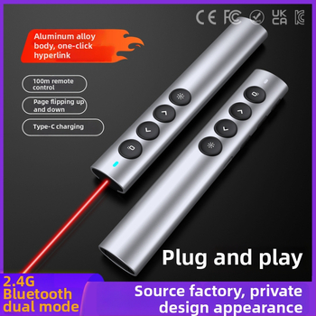 Hliníkový bezdrôtový ukazovateľ na výučbu a PPT pero, Bluetooth/2.4G, dosah 100 m, vlnová dĺžka 650 nm, batéria 180 mAh