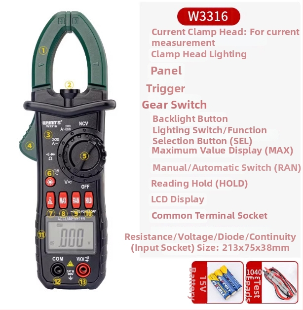 Power Lion Ψηφιακός κλαμπ-μετρητής W3317, Υψηλής Ακρίβειας, Πολυλειτουργικός ηλεκτρικός μετρητής