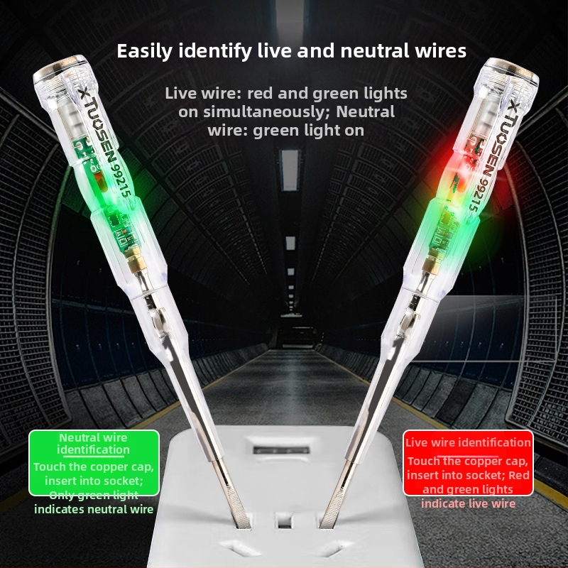 Elektrický tester pero s priehľadným telom, Tuosen, detekcia živých vodičov.