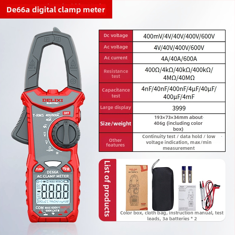 Delixi Electric DE66A Magas Pontosságú Intelligens Clamp Meter NCV AC/DC Áram és Feszültség Méréséhez
